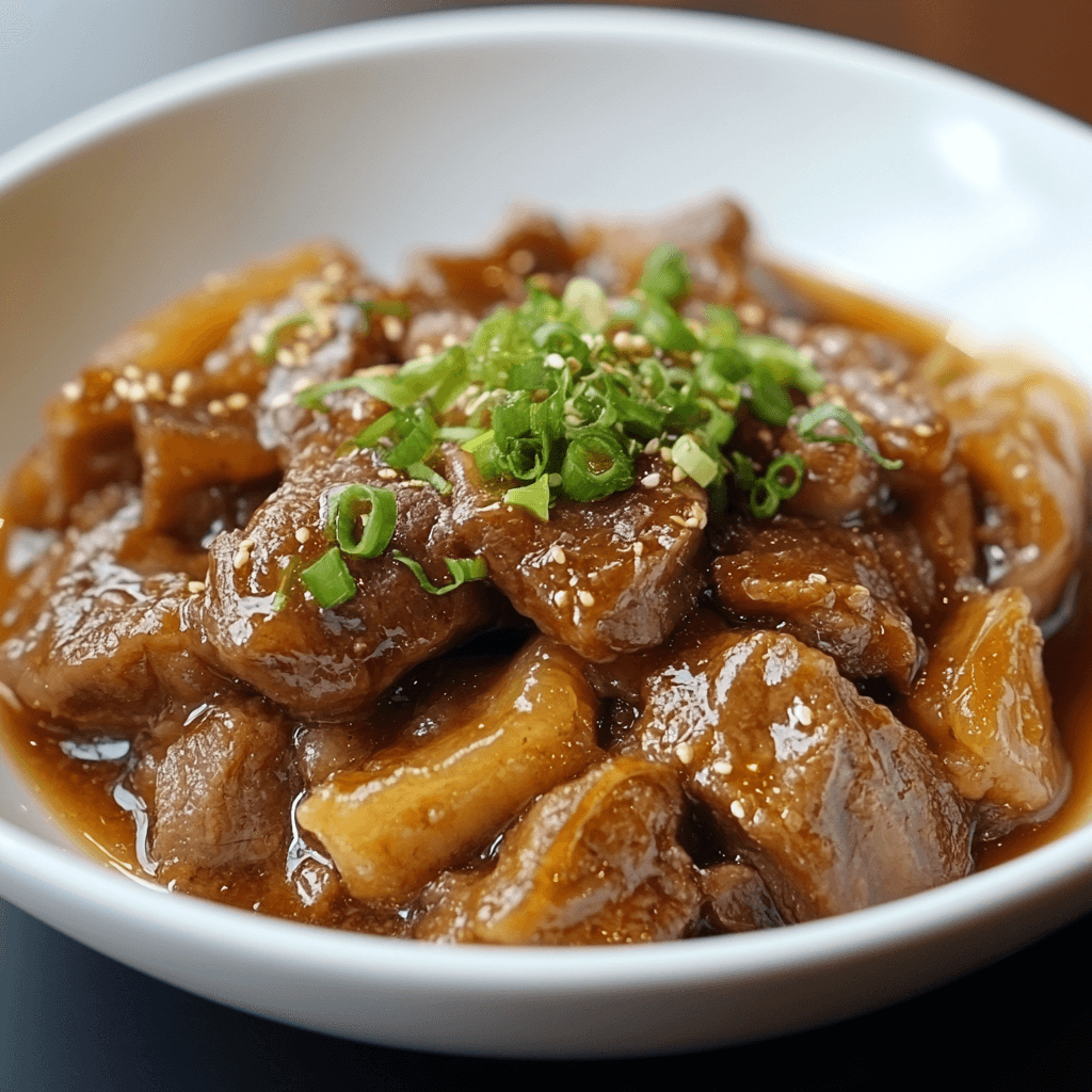 A savory dish of tender braised beef tendon topped with chopped green onions and sesame seeds, served in a flavorful glossy sauce.