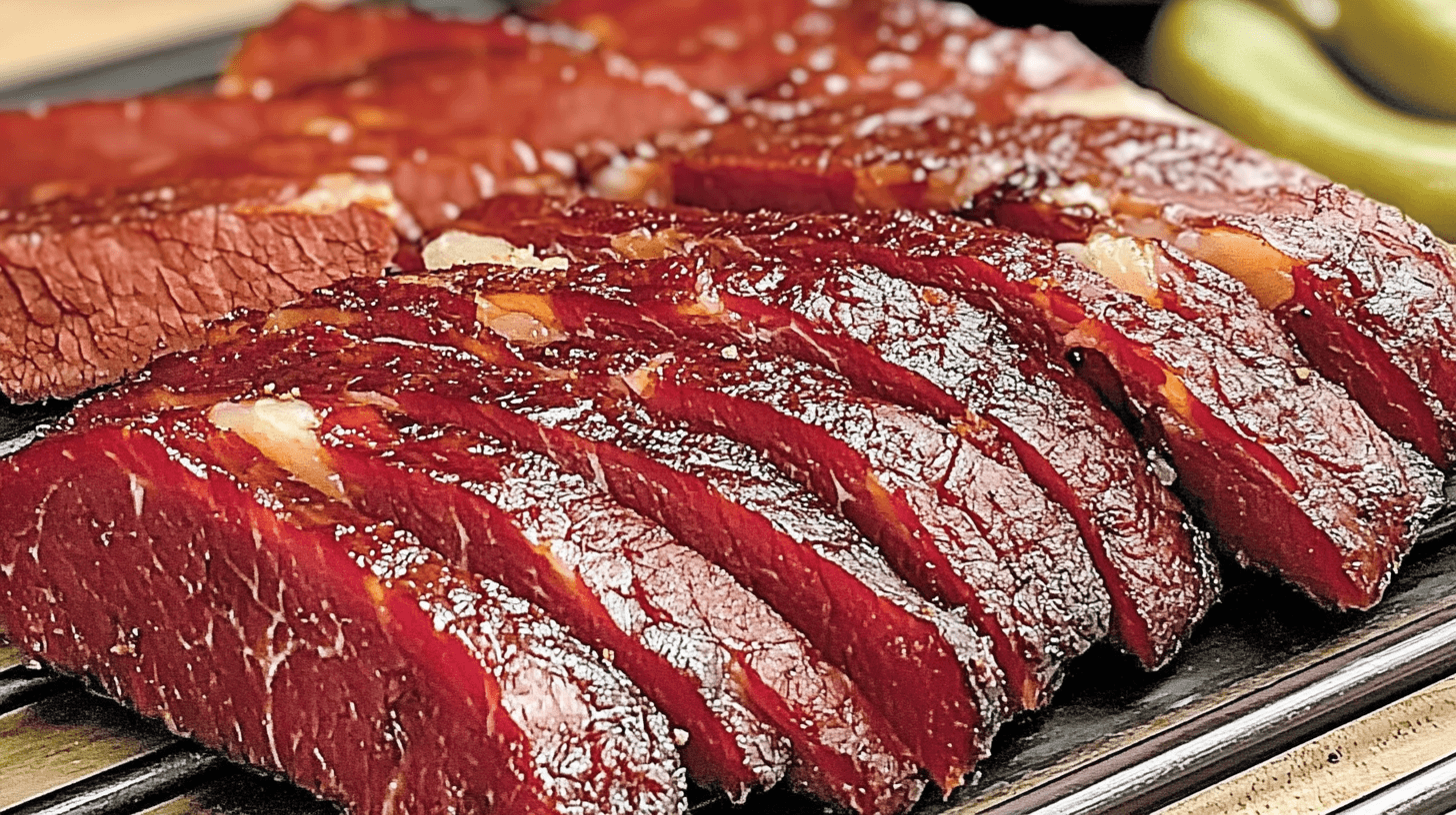 Sliced dried beef arranged on a tray, showcasing its rich, glossy texture and deep red color, with pickles in the background.