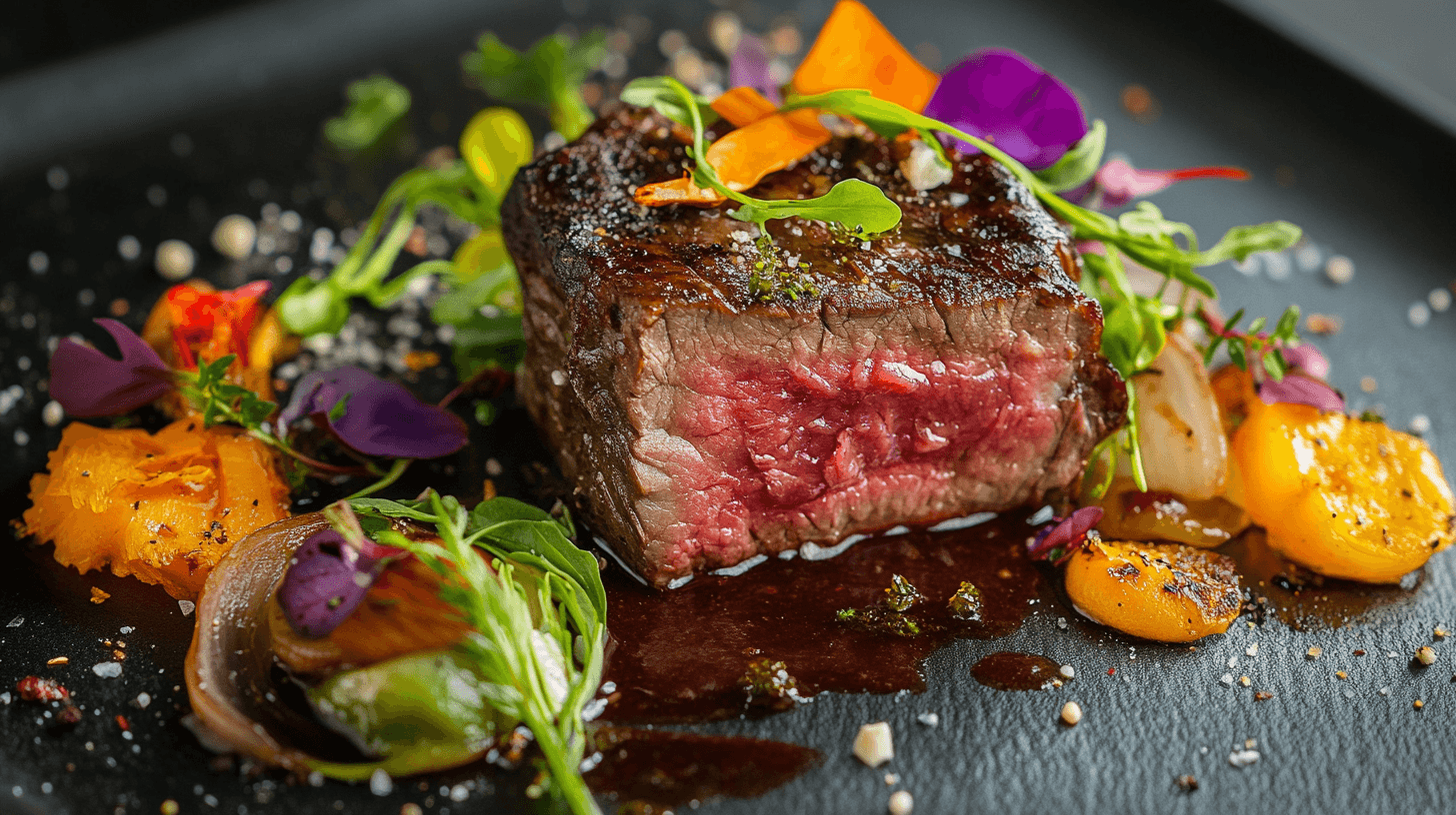 Seared Beef Bavette steak cooked medium-rare, garnished with microgreens, edible flowers, and roasted vegetables on a black plate.s.