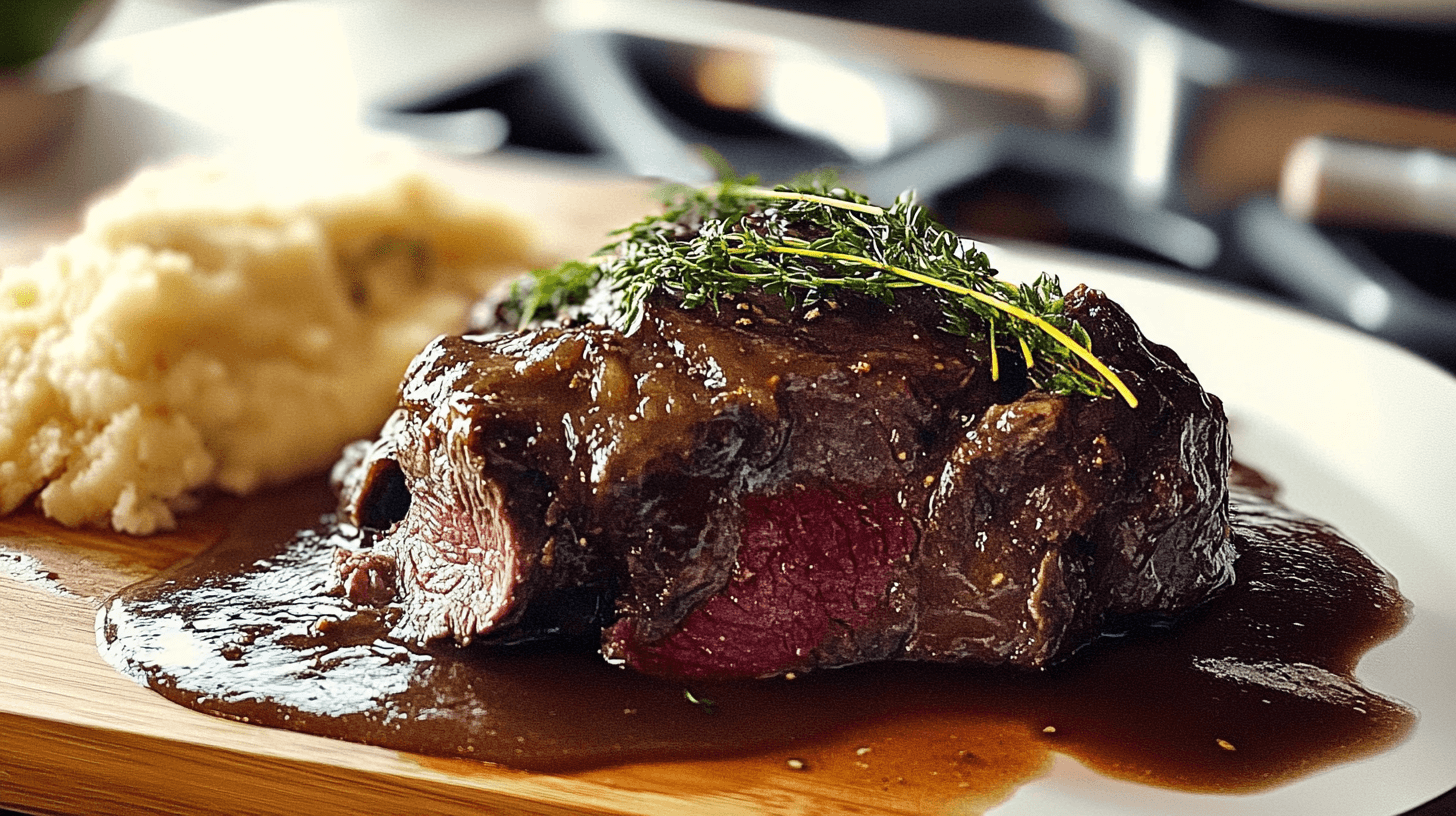 Beef cheeks served with a rich red wine sauce, garnished with fresh herbs, alongside creamy mashed potatoes on a wooden board.