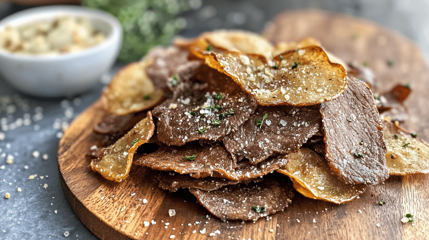 A delicious pile of crispy Beef Chips sprinkled with sea salt and herbs, served on a wooden board. These savory beef chips are perfect for snacking or pairing with your favorite dip.