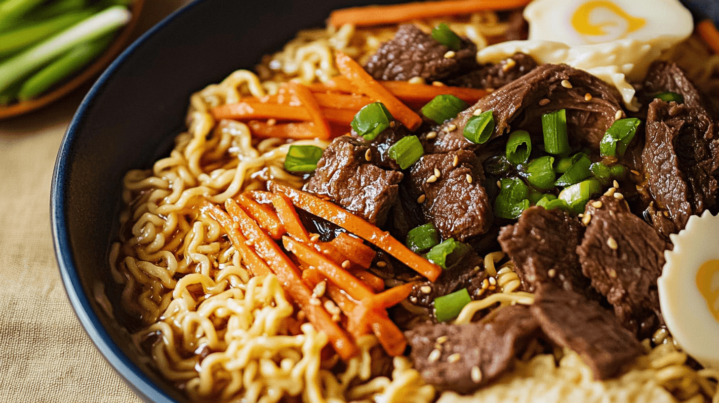 A delicious bowl of beef ramen noodle recipes featuring tender beef chunks, ramen noodles, julienned carrots, green onions, sesame seeds, and a soft-boiled egg.