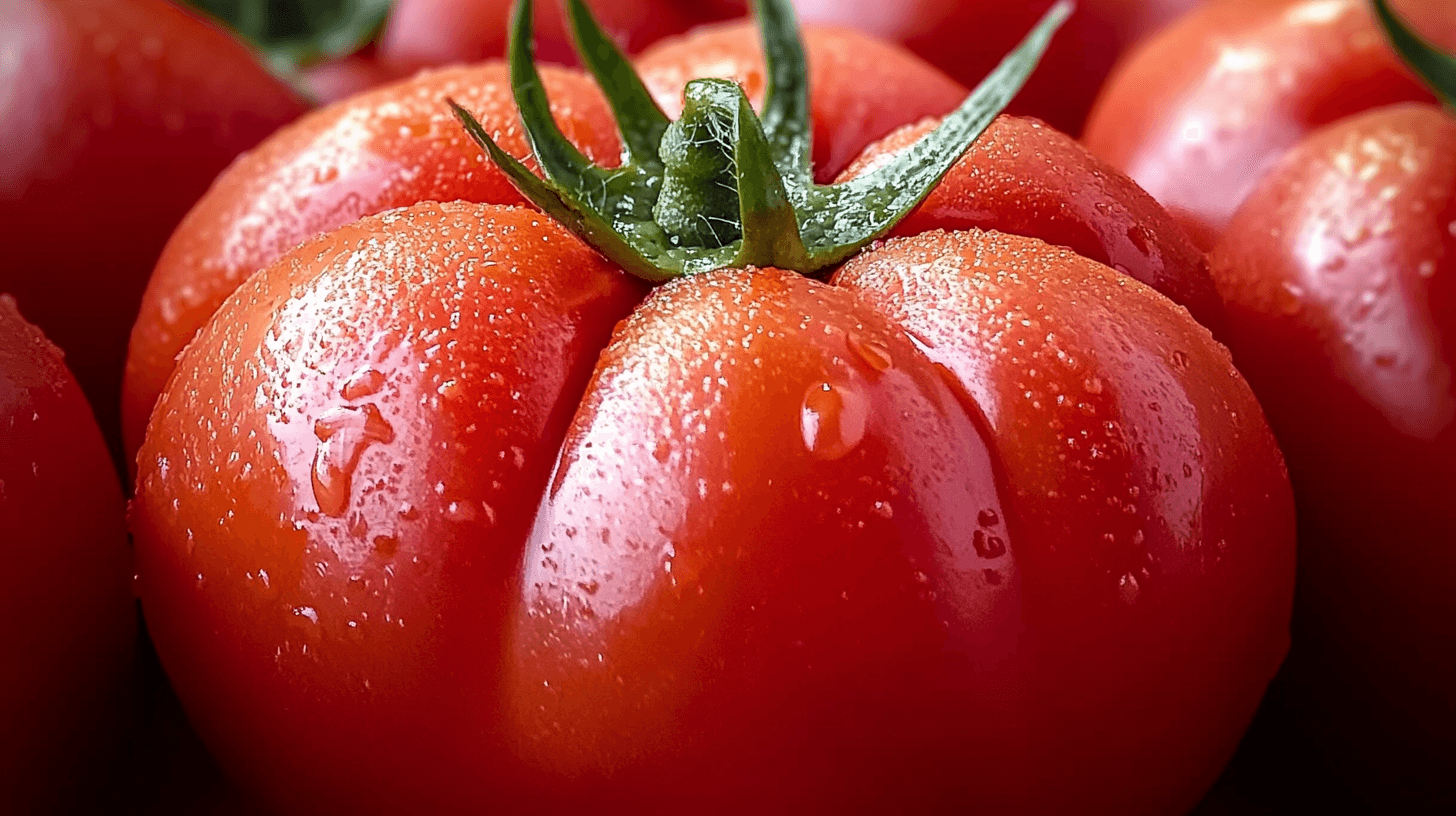 Close-up of a fresh, red beef tomato with water droplets on its surface and green stem, highlighting its juicy texture.
