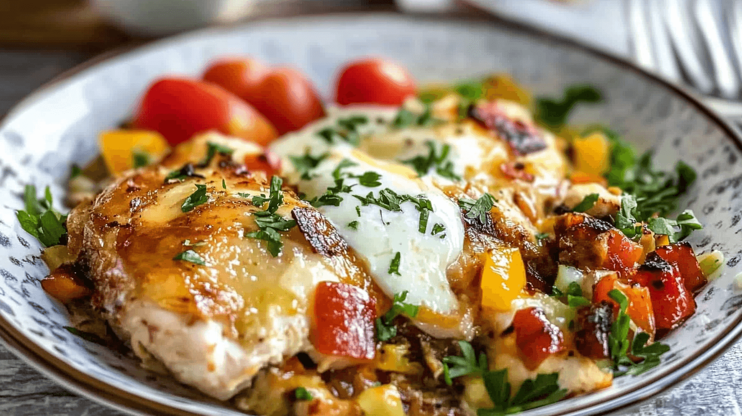 Delicious chicken breakfast recipes with melted cheese, eggs, and roasted vegetables, garnished with fresh parsley.