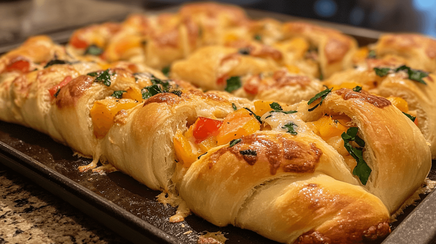 Freshly baked crescent roll breakfast recipes featuring golden, flaky pastry filled with melted cheese, bell peppers, and herbs on a baking tray.