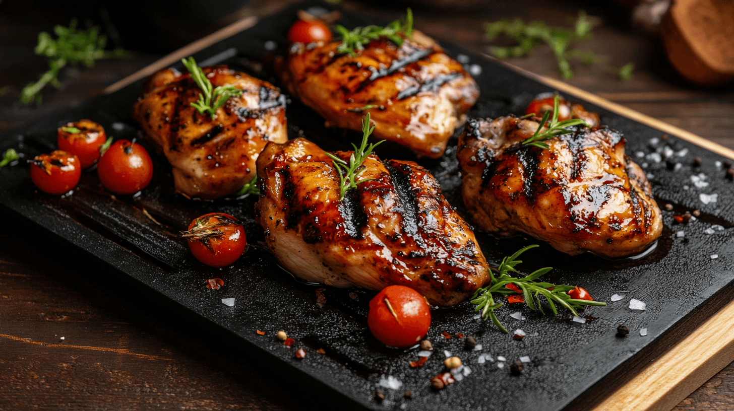 Grilled chicken thighs with char marks, garnished with fresh rosemary and served with roasted cherry tomatoes on a black platter.