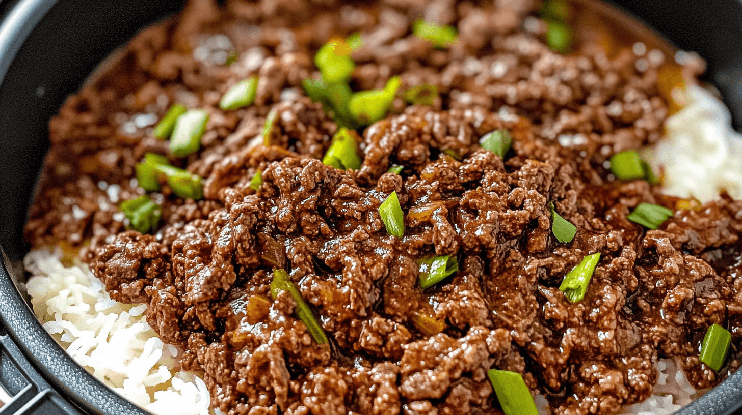 Delicious ground beef served over white rice, garnished with fresh green onions—perfect for quick and easy ground beef recipes.