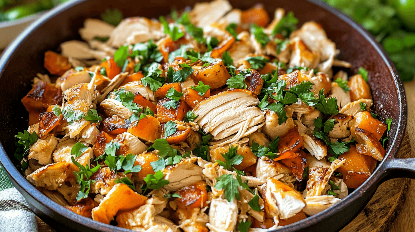 A skillet filled with roasted rotisserie chicken pieces, caramelized sweet potatoes, and fresh parsley garnish, ready to serve.
