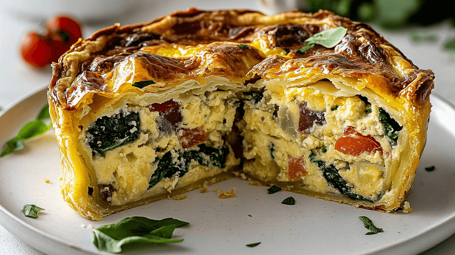Delicious puff pastry breakfast recipes featuring a golden, flaky crust filled with eggs, spinach, tomatoes, and cheese.