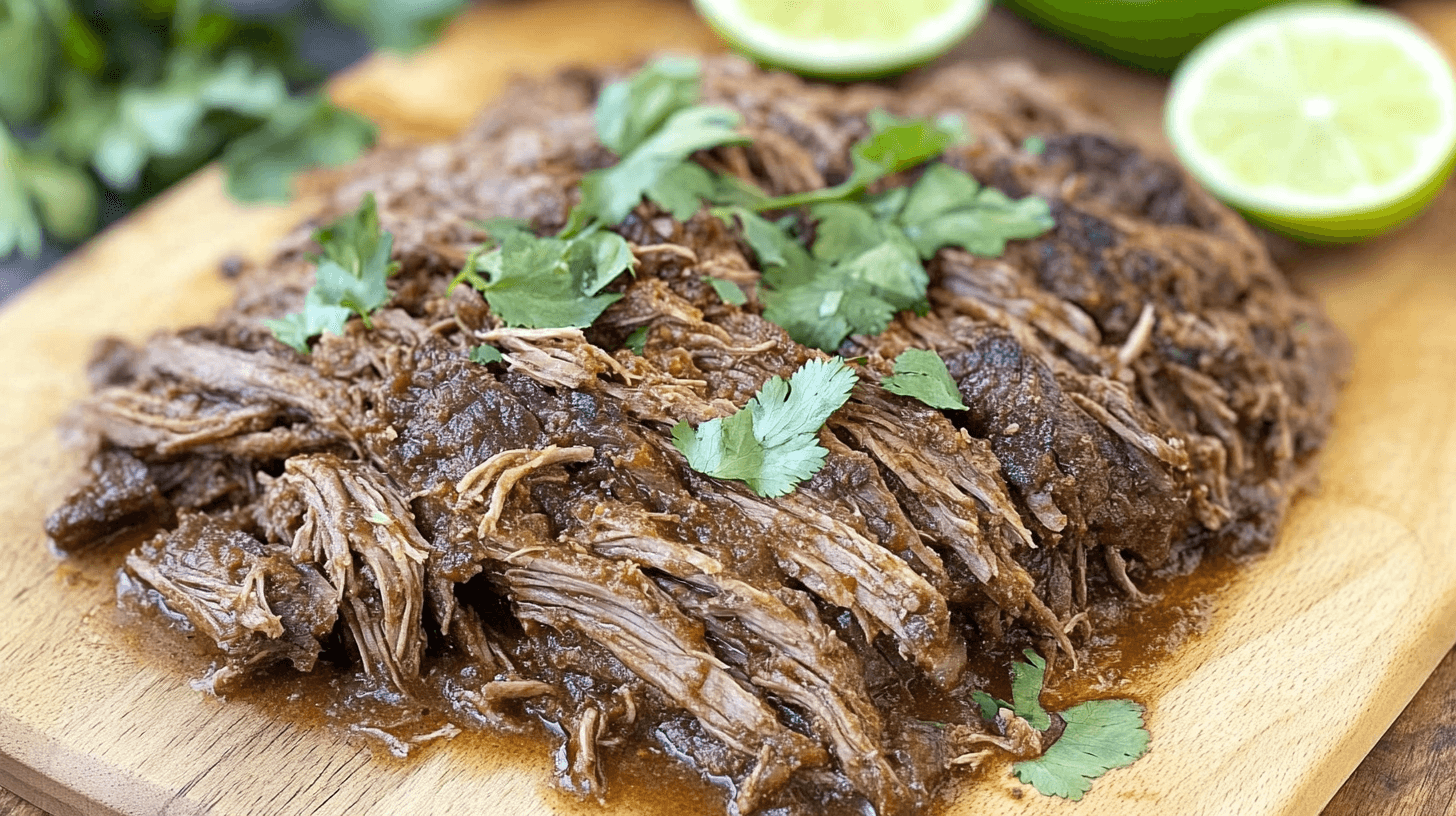 Delicious and tender shredded beef recipes garnished with fresh cilantro, served on a wooden cutting board with lime wedges.