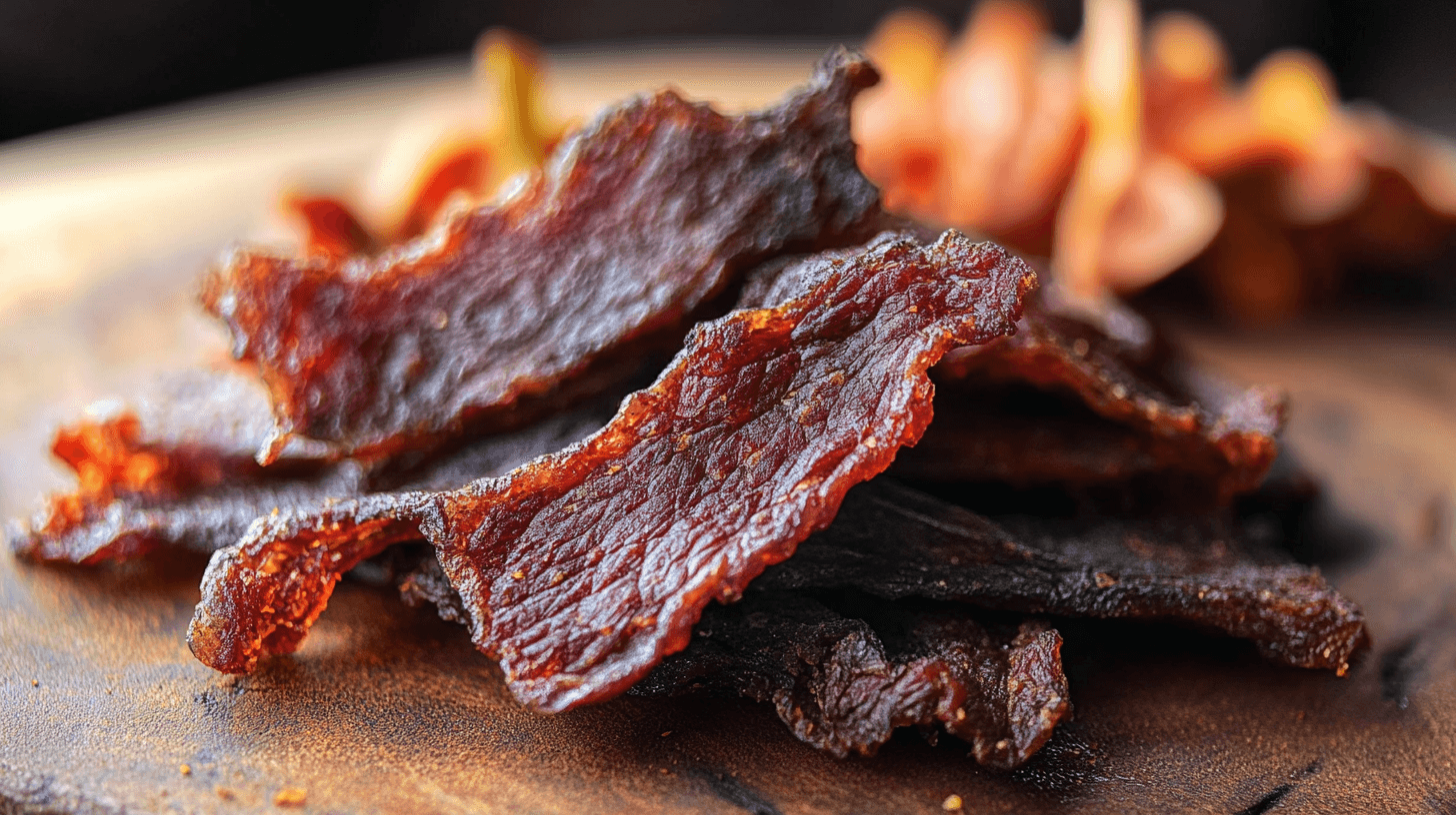 Close-up of smoked beef jerky slices with a rich, dark red color, placed on a wooden surface, highlighting their texture and savory appearance.