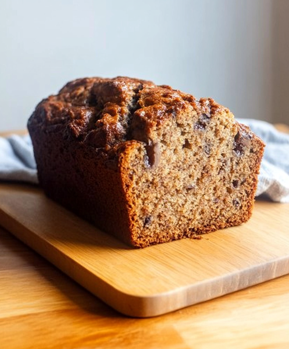 Freshly baked 3-ingredient banana bread with a golden crust, sliced open to reveal a moist texture with chocolate chips, placed on a wooden cutting board.