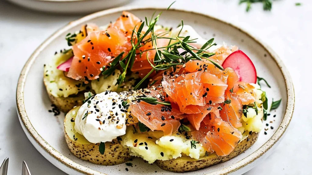 A plated breakfast dish featuring smoked salmon on mashed potatoes, garnished with fresh herbs, black sesame seeds, sliced radishes, and a dollop of sour cream, served on a rustic ceramic plate.