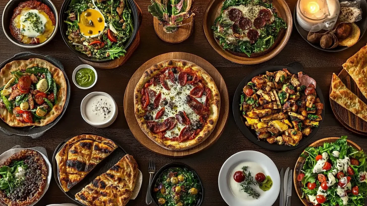 A variety of delicious dinner dishes arranged on a dark wooden table, including a freshly baked pizza with pepperoni, grilled flatbreads, vibrant salads, roasted vegetables, and flavorful dips, creating a rich and inviting meal spread.