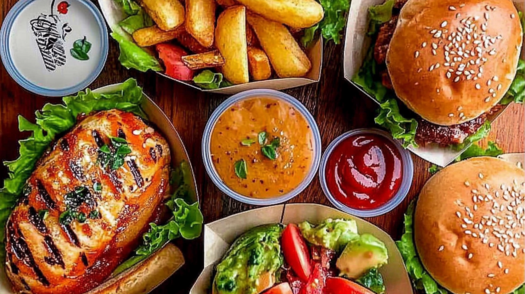 A delicious assortment of gluten free fast food including grilled chicken sandwiches, lettuce-wrapped burgers, crispy fries, fresh salad, and dipping sauces.