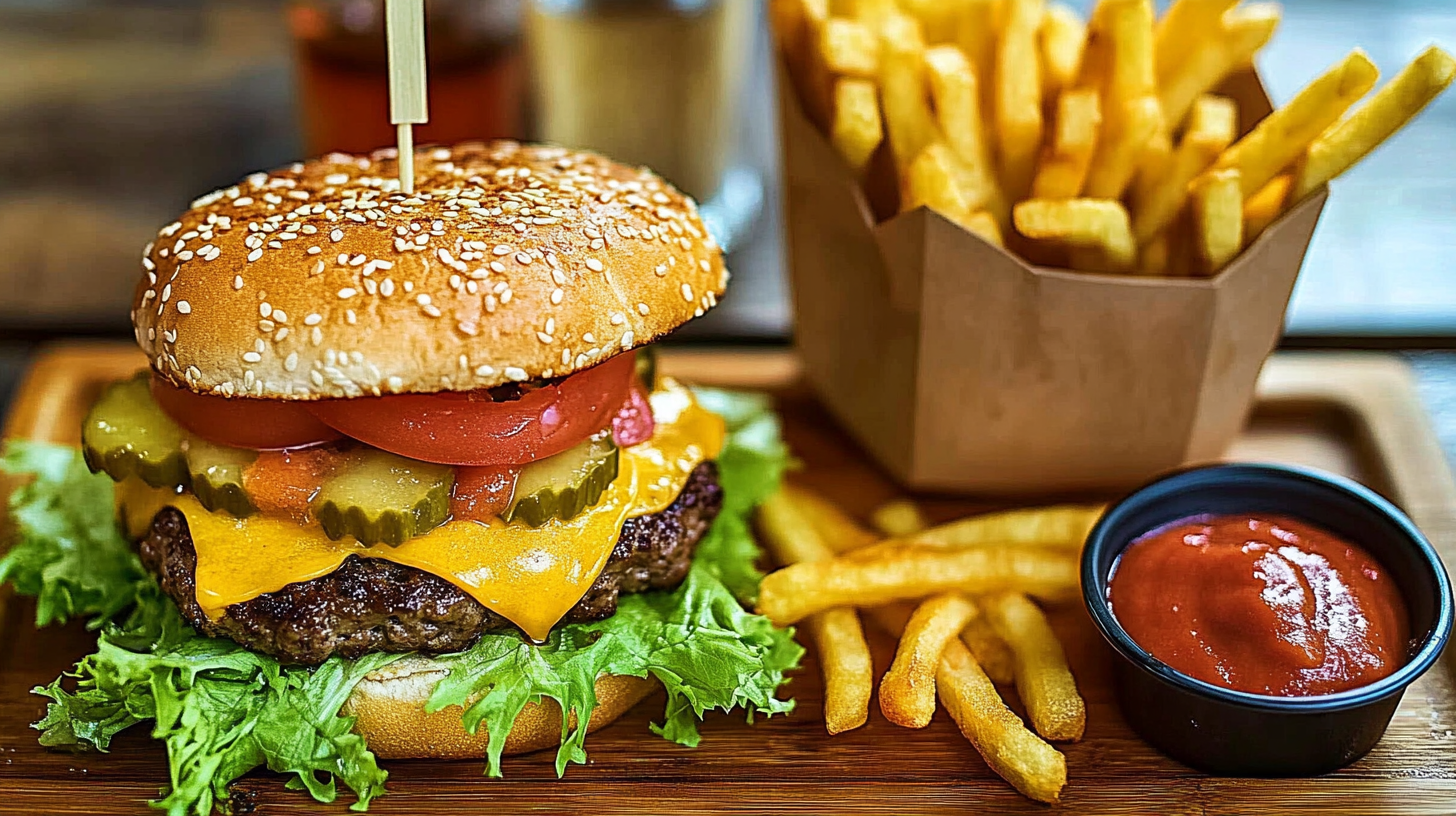 A delicious gluten free fast food meal featuring a lettuce-wrapped cheeseburger with fresh toppings, crispy golden fries, and a side of ketchup.
