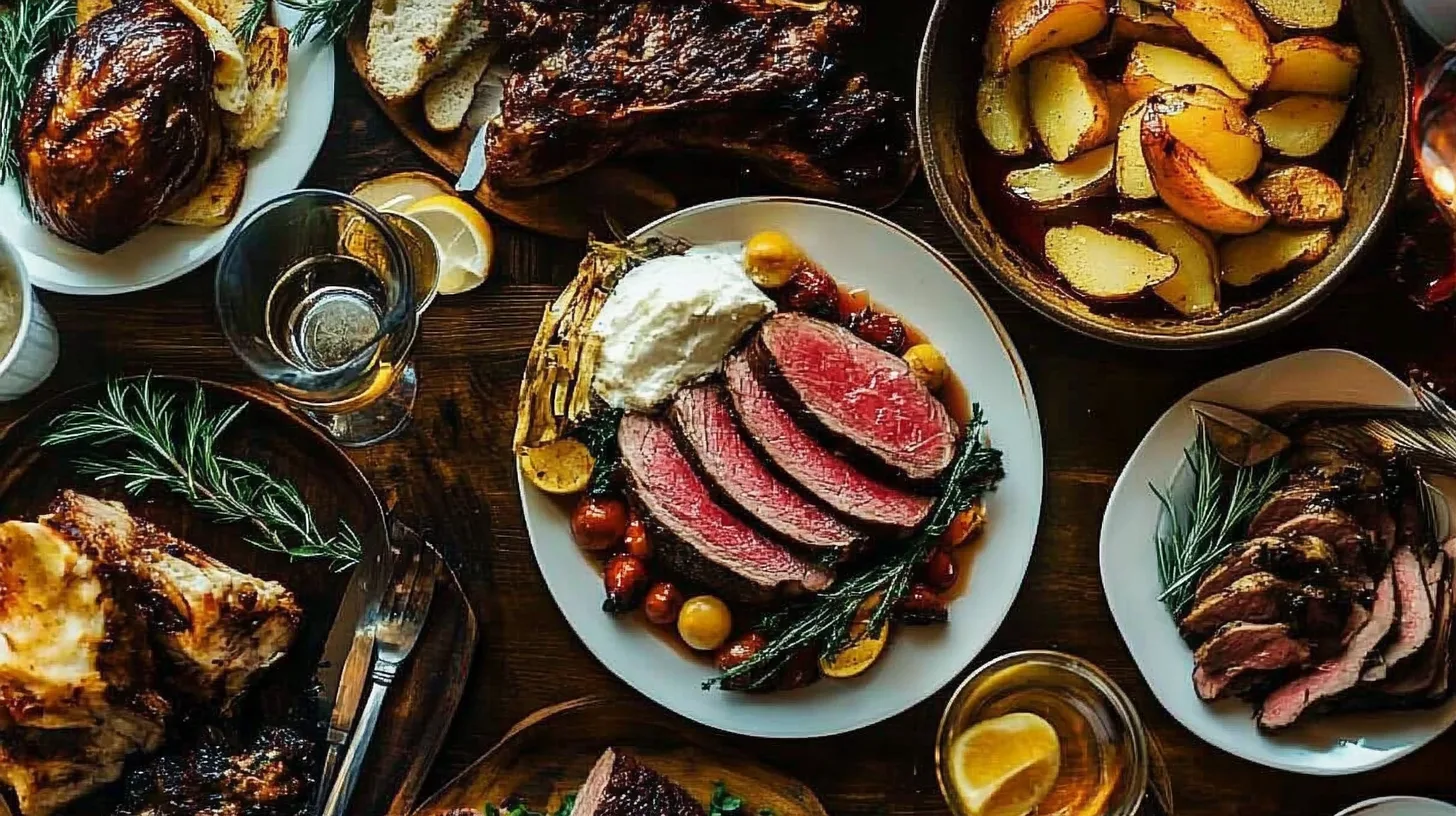 A beautifully arranged dinner spread featuring sliced medium-rare roast beef with a creamy sauce, roasted potatoes, grilled meats, fresh bread, and garnished with sprigs of rosemary, creating an inviting and hearty meal.
