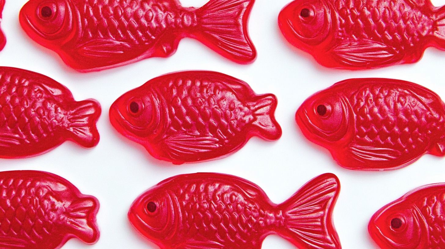 Close-up of red Swedish Fish candies arranged on a white background, highlighting their iconic fish shape and vibrant color.