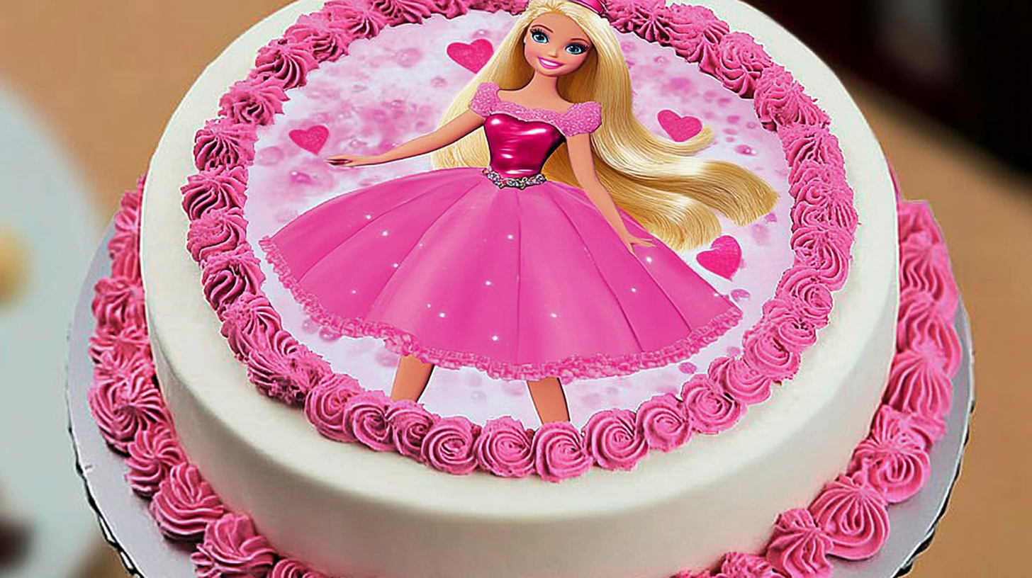 Barbie cake with a pink frosting border and an edible Barbie image centerpiece, perfect for birthdays and celebrations.