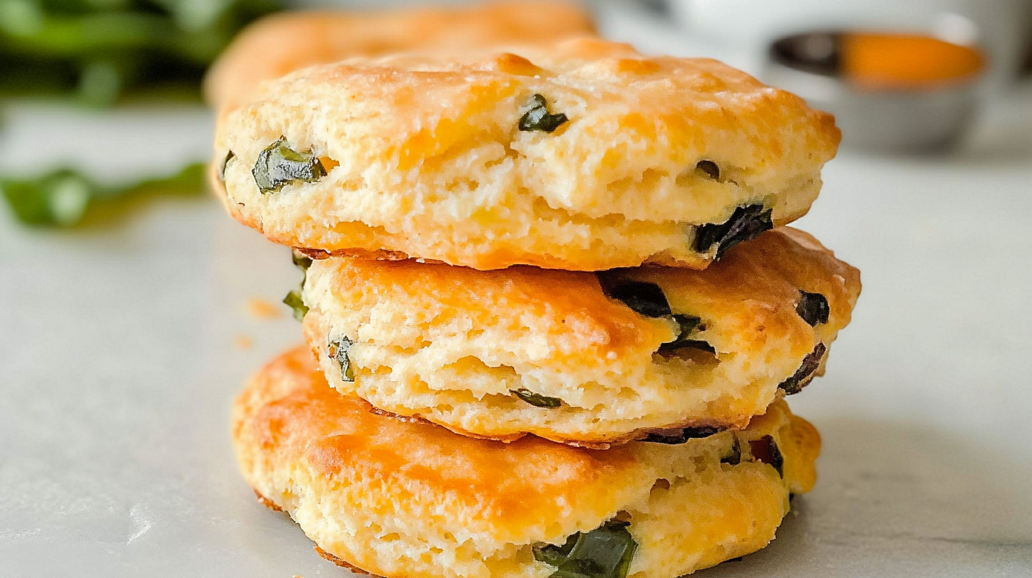 Flaky and golden biscuit breakfast with cheese and herbs, stacked on a white surface, showcasing a soft, buttery texture perfect for a morning meal.