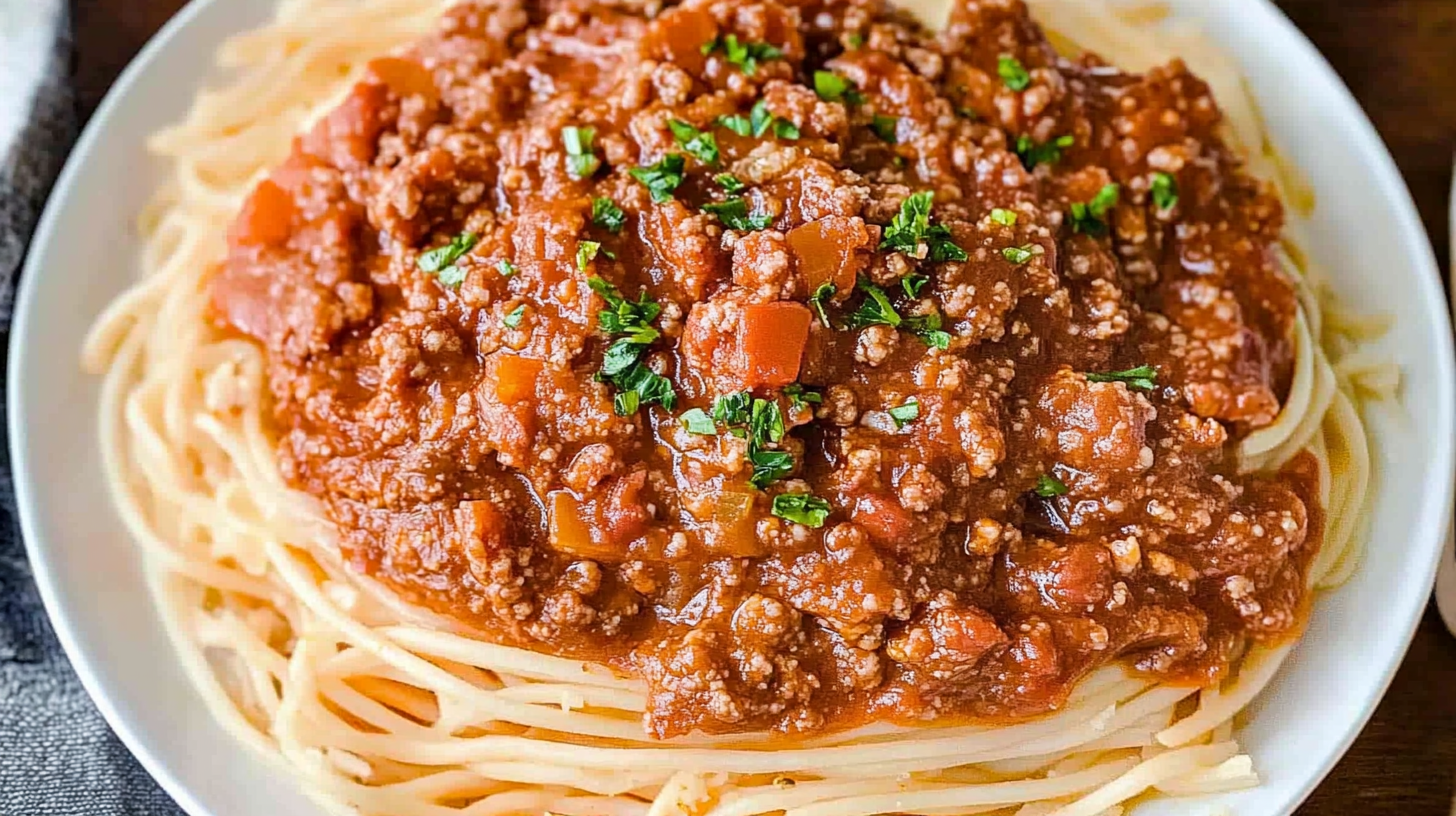 A plate of authentic Italian spaghetti Bolognese topped with rich meat sauce and garnished with fresh parsley.