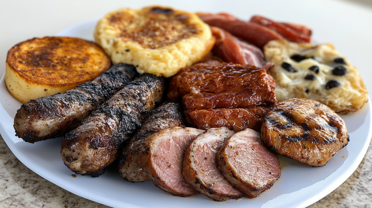 A hearty breakfast plate with assorted breakfast meats, including grilled sausages, sliced ham, and other meat cuts, served with bread and pastries.