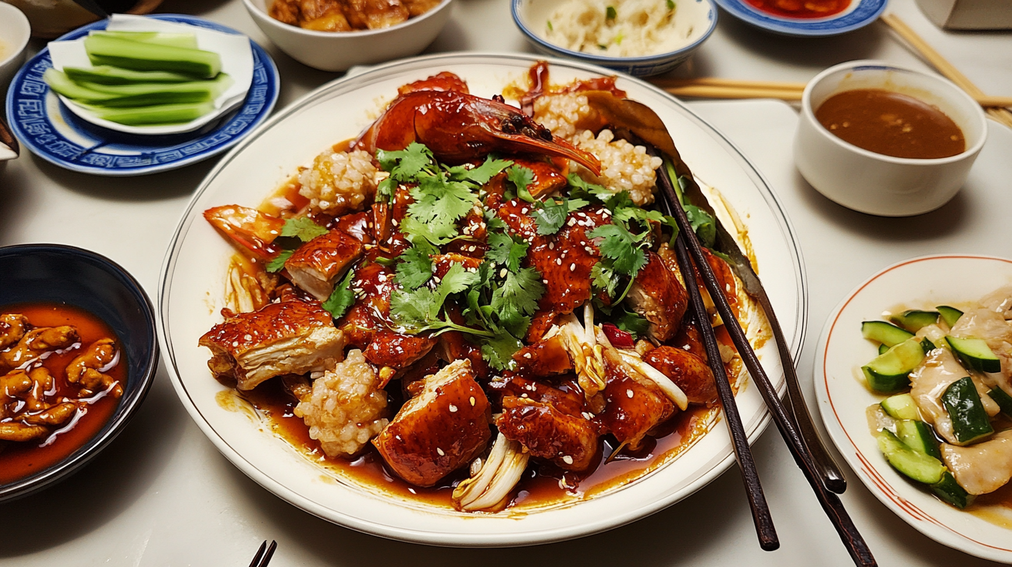 A vibrant Chinese food spread featuring a dish of braised seafood and chicken in a rich sauce, garnished with fresh cilantro, surrounded by side dishes and sauces.