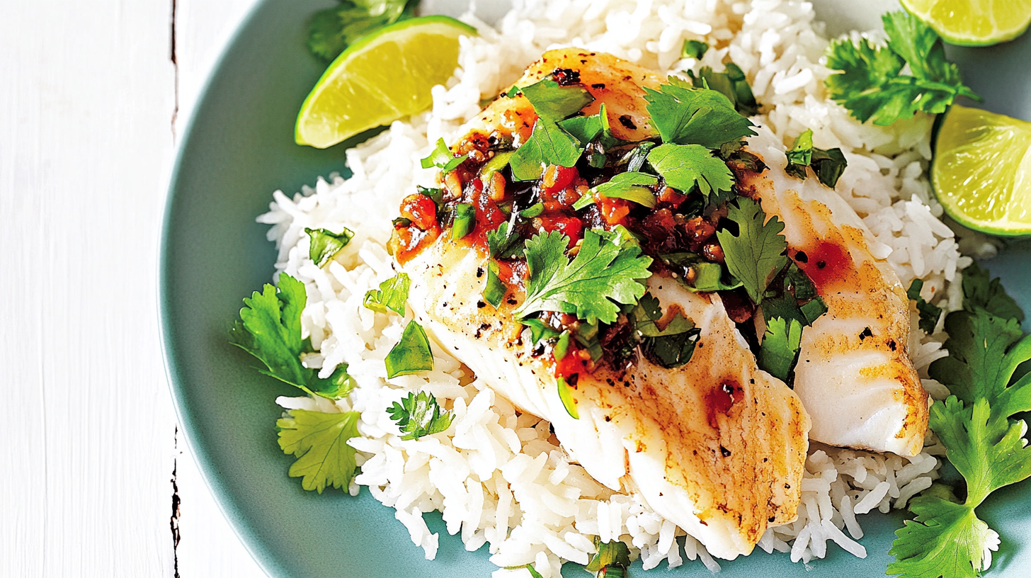 A delicious dish from fish and rice recipes, featuring grilled white fish fillet served over fluffy white rice, garnished with fresh cilantro and salsa, with lime wedges.