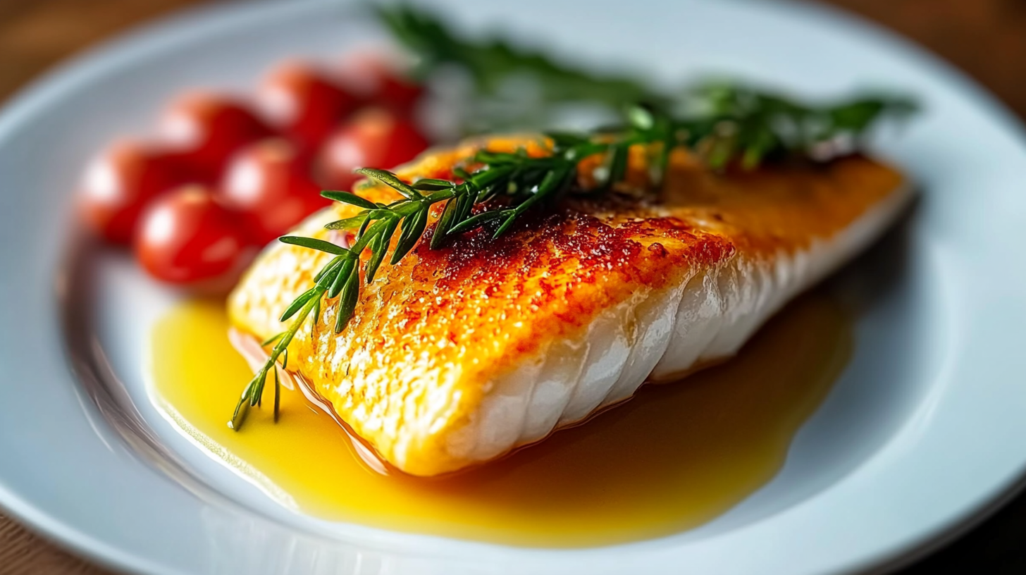 Grilled fish fillet prepared using a delicious fish food recipe, garnished with fresh rosemary and served with cherry tomatoes on a white plate.