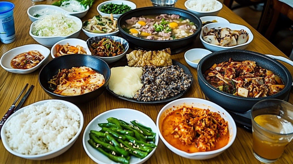 A traditional Korean breakfast table with rice, soups, spicy tofu stew, various banchan (side dishes), and fresh vegetables served in bowls and plates.