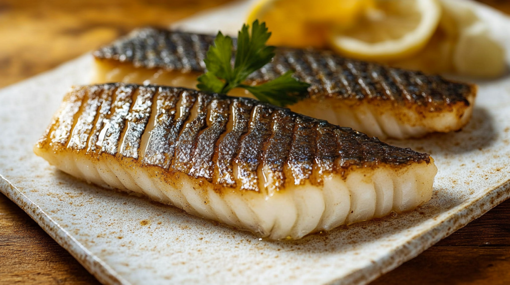 Pan-seared sable fish recipe featuring crispy golden-brown skin and tender, flaky white flesh, garnished with fresh parsley and lemon slices on a ceramic plate.