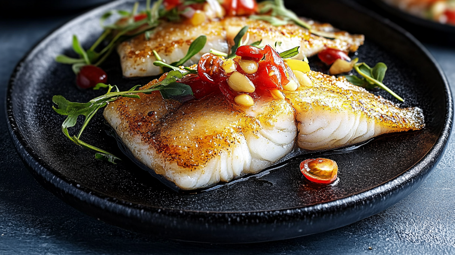 Grilled sable fish recipe featuring a perfectly seared fillet on a black plate, garnished with fresh greens, pine nuts, and cherry tomatoes, highlighting its crispy golden-brown skin and tender, flaky texture.