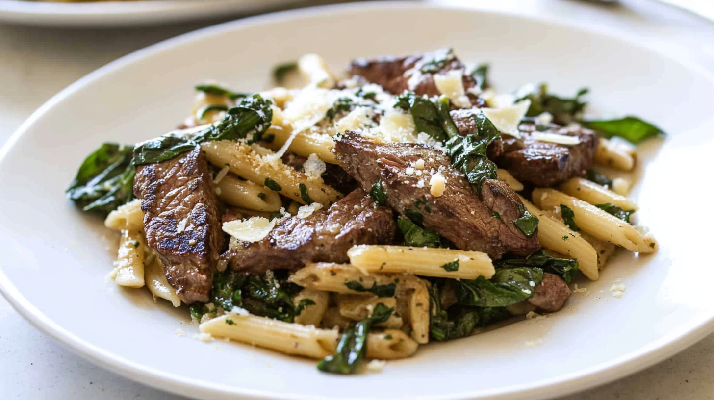 Steak pasta recipes featuring tender seared steak, penne pasta, fresh spinach, and Parmesan cheese on a white plate.