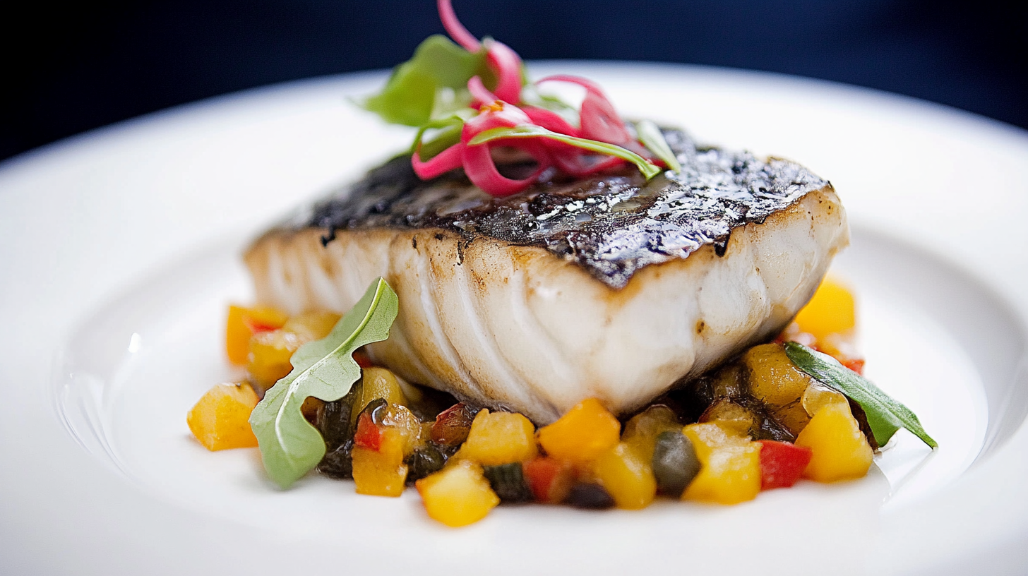 Grilled Wahoo fish fillet from Wahoo Fish Recipes, served on a bed of colorful diced vegetables, garnished with fresh greens and pickled onions on a white plate.