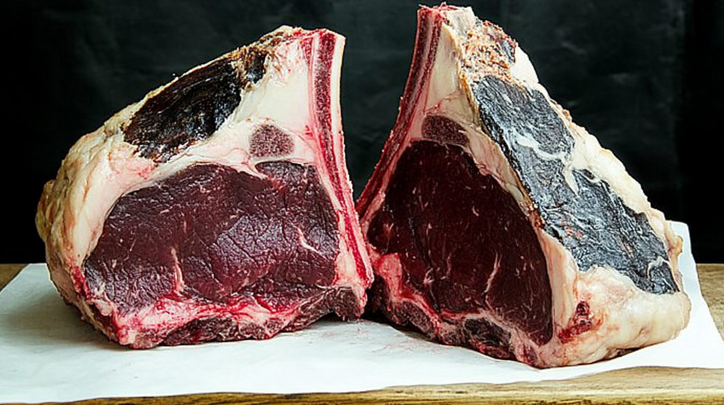 Two cuts of aged beef ribeye with a rich, marbled interior and dry-aged crust.