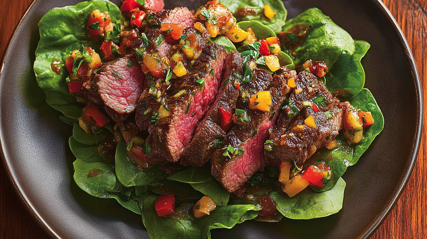Sliced beef flap steak served on a bed of fresh greens, topped with a colorful salsa of diced peppers and herbs.