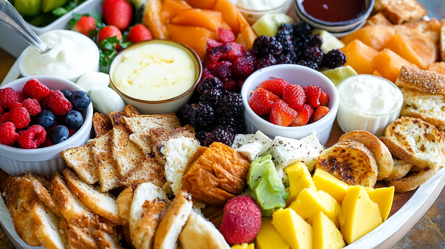 Breakfast plate featuring fresh fruits, toasted bread, yogurt, cheeses, and pastries, providing a delicious and balanced morning meal.