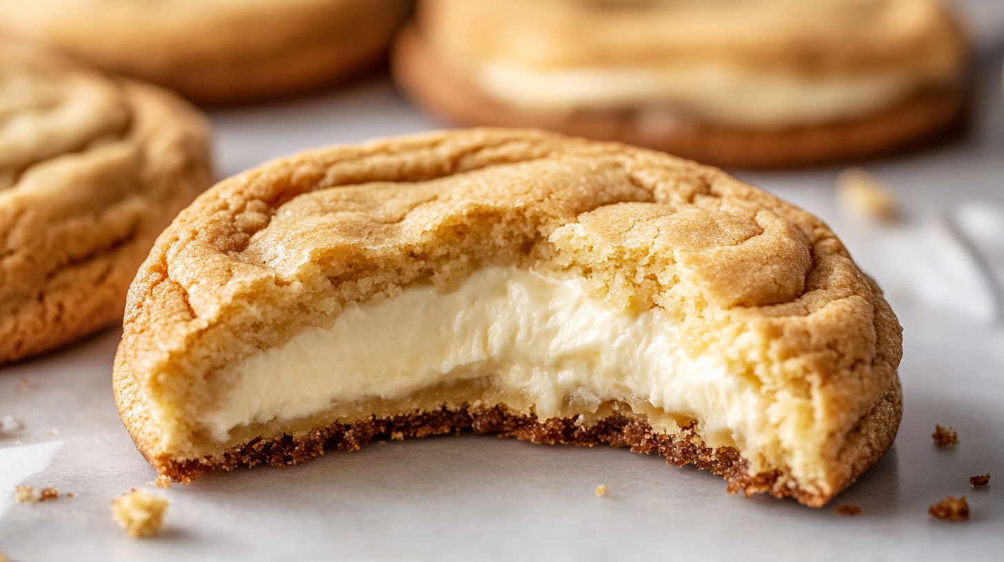 A stuffed cheesecake cookies split in half, showing its creamy cheesecake filling.