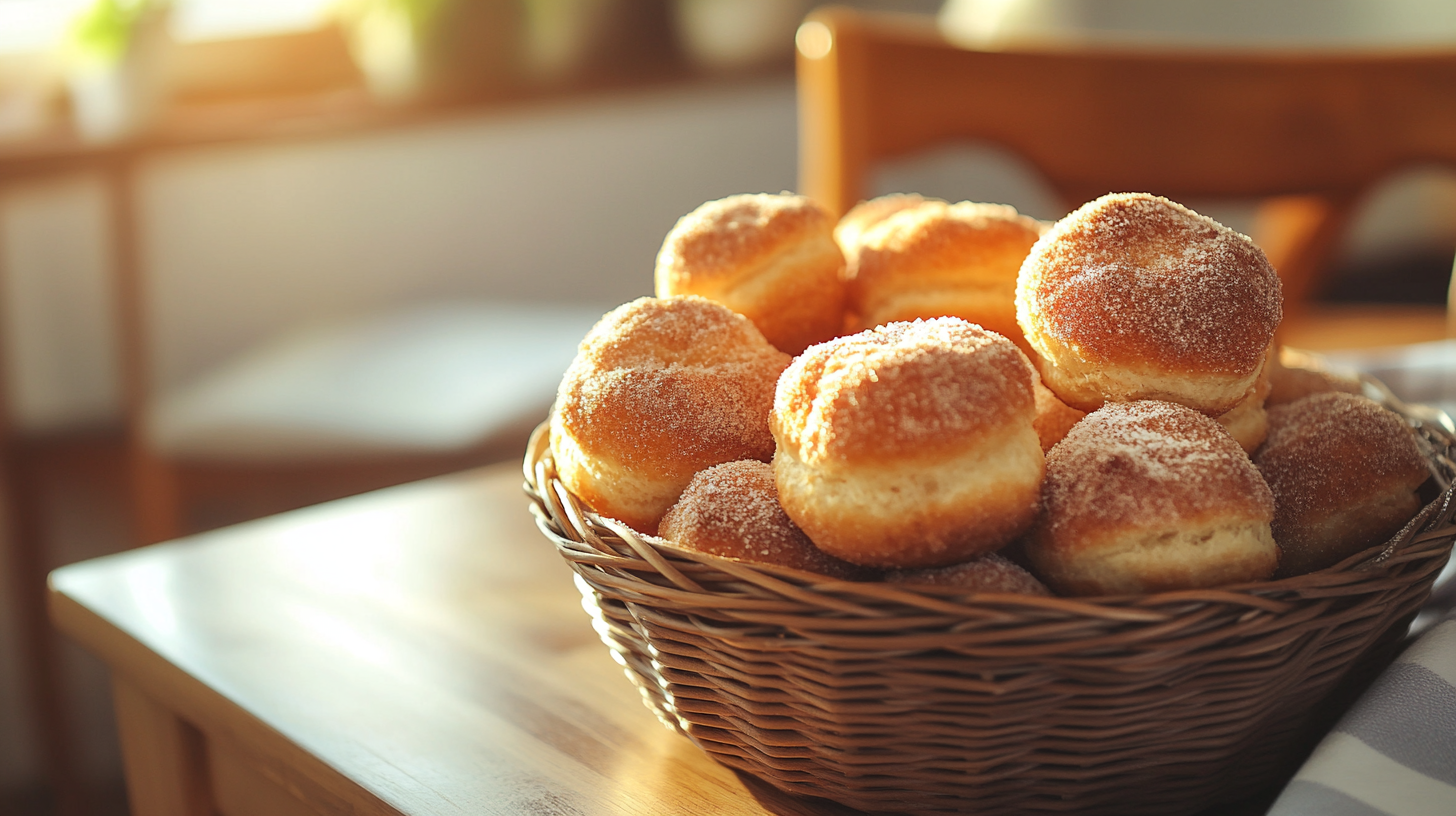 Freshly baked French Breakfast Puffs in a basket, coated with cinnamon sugar.