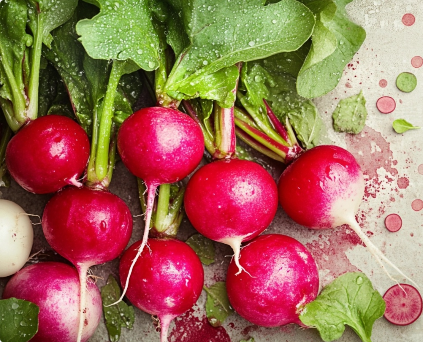 Fresh French Breakfast Radishes with green tops and water droplets on a rustic background.