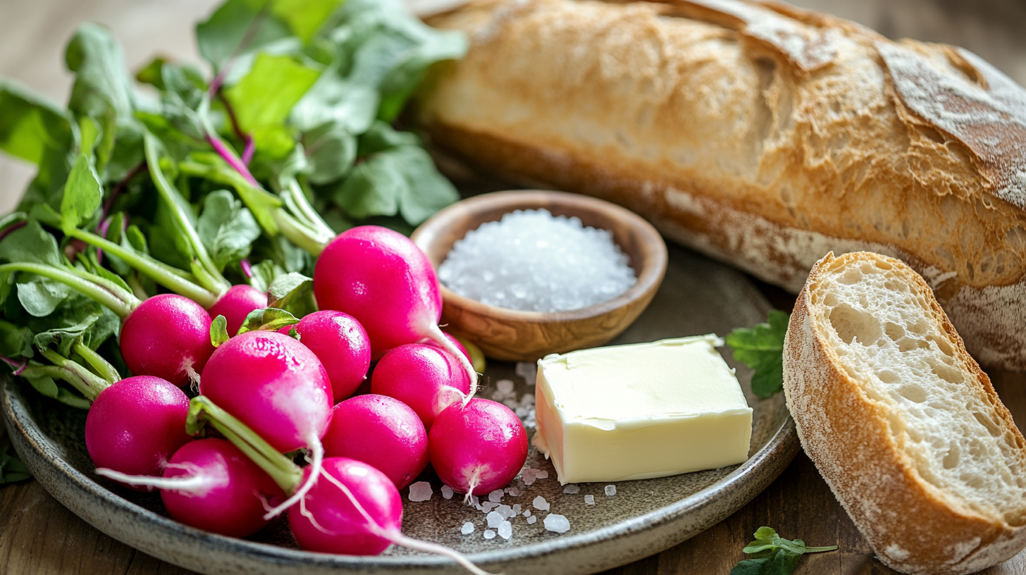 French Breakfast Radishes served with butter and salt.