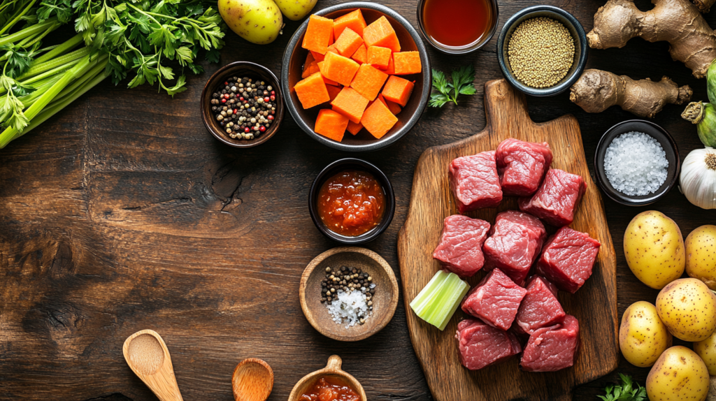 Fresh ingredients for Hawaiian Beef Stew Recipe arranged on a rustic wooden table, including raw beef chunks, diced carrots, potatoes, celery, garlic, ginger, and seasonings.