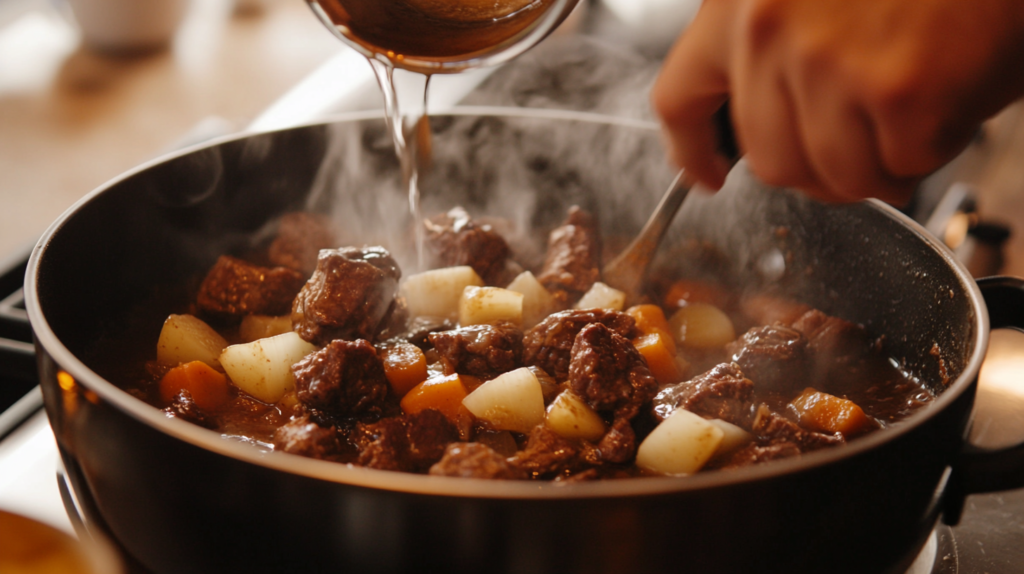 Step-by-step cooking of Hawaiian Beef Stew Recipe, showing beef, carrots, and potatoes simmering in a pot while broth is poured in for a rich, flavorful stew.