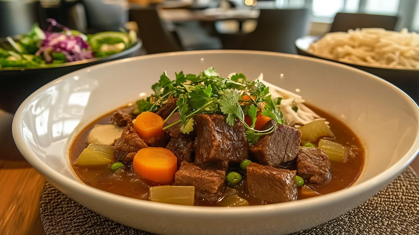 A bowl of Hawaiian Beef Stew Recipe with tender beef chunks, carrots, celery, and peas, garnished with fresh parsley, served with a side of rice and salad.