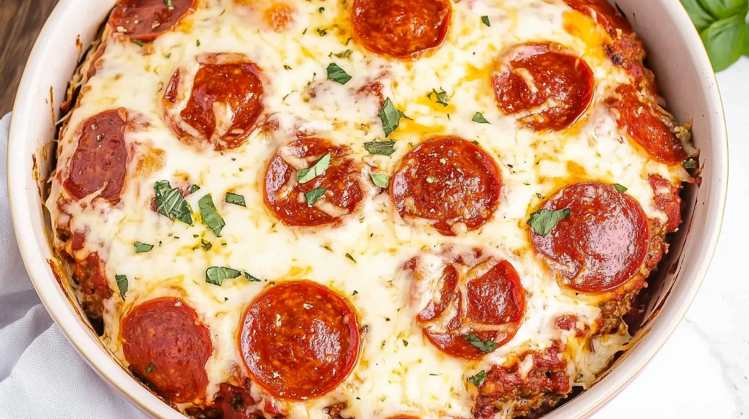 Pizza meatloaf topped with melted mozzarella, marinara sauce, and crispy pepperoni slices, garnished with fresh basil leaves