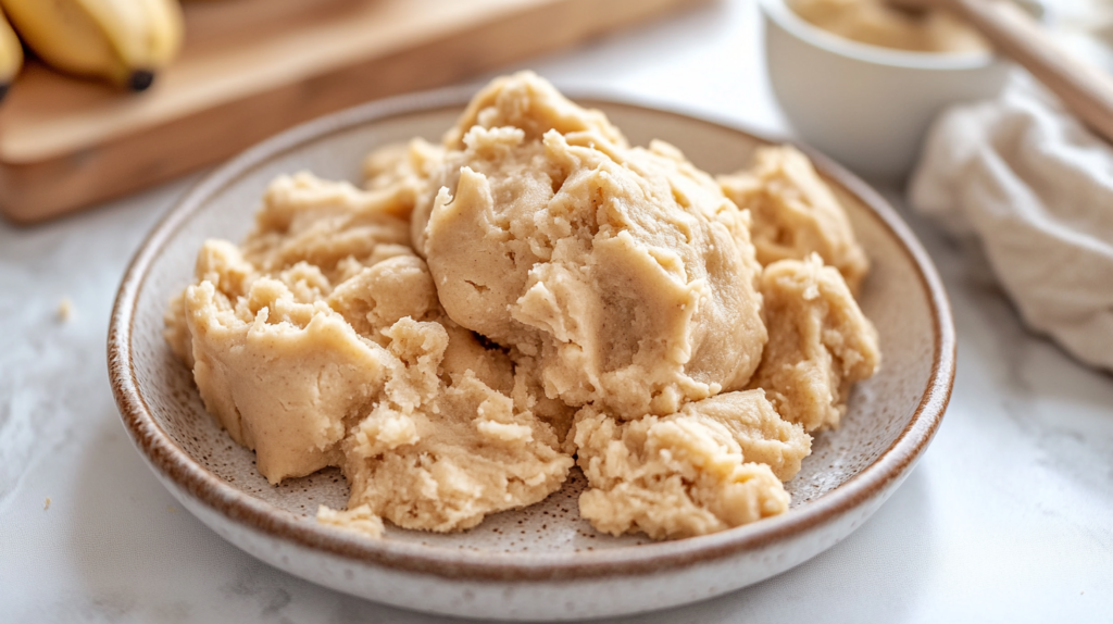 A plate with freshly mixed banana bread cookie dough, soft and ready for baking.