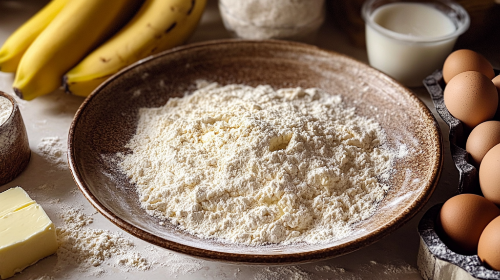 A plate with flour, surrounded by ripe bananas, eggs, butter, and milk—key ingredients for banana bread cookies.