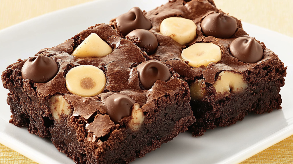 Fudgy banana brownies topped with white and dark chocolate chips for a rich, decadent dessert.