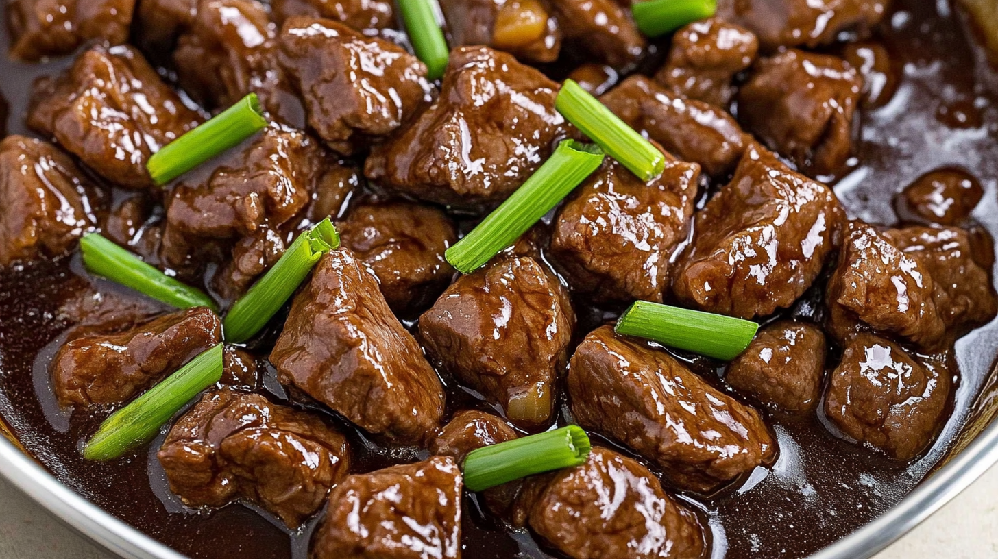 Delicious easy beef recipes featuring tender beef chunks in a rich, savory sauce topped with fresh green onions