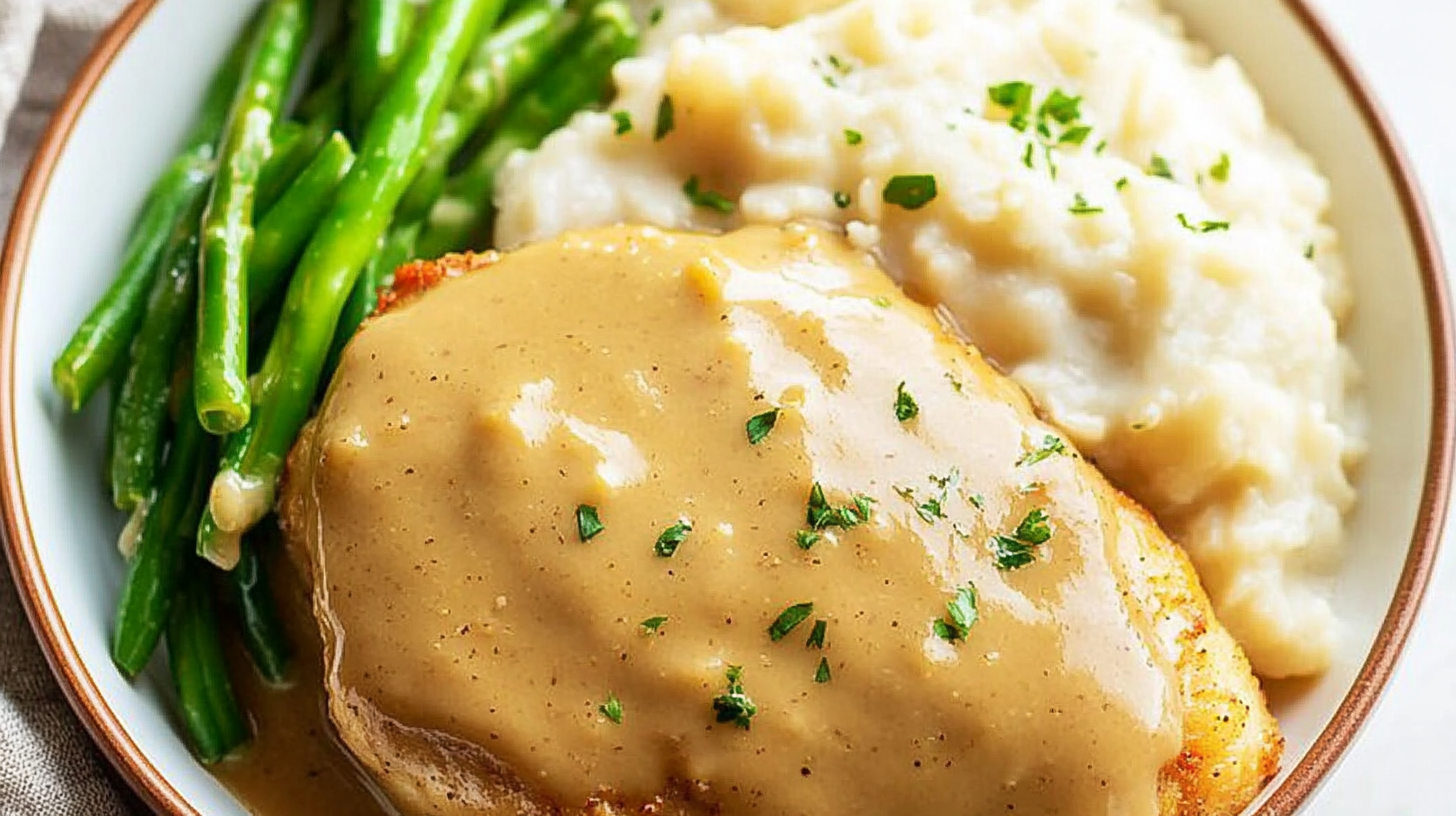 Plate of chicken covered in rich gravy served with mashed potatoes and green beans, showcasing a classic chicken and gravy recipe.